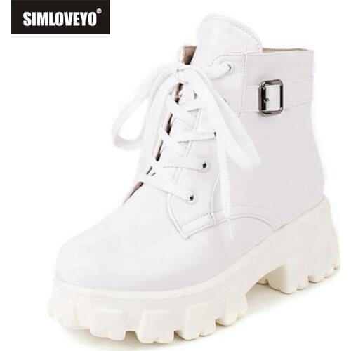 SIMLOVEYO New Women Fashion Ankle Boots Shoes Round Toe Thick Bottom Platform Buckle Winter Warm Lace Up Ladies Big 43 S2454
