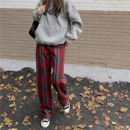 New Vintage High Waist Pants All-match Plaid Loose Straight Wide Harajuku Women Fashion E-girl Pants 90s Casual Plus Size Pants