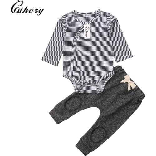 Cathery Fashion Autumn Striped Newborn Kids Baby Boys Tops Romper Pants 2Pcs Outfits Set Clothes 0-24M