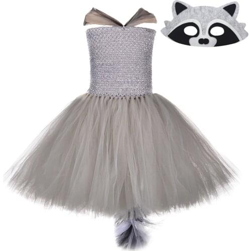 Grey Raccoon Kids Dresses for Girls Animal Tutu Dress with Mask Halloween New Year Costume for Children Clothes Baby Girl Outfit