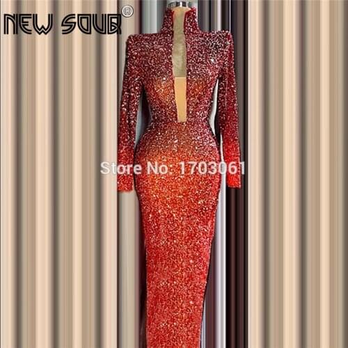 Illusion Sequin Evening Dress Arabic V Neck Mermaid Party Gowns Kaftans Turkish Custom Made Long Prom Dresses Robe De Soiree