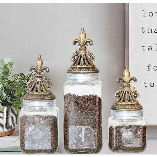 European Vintage Glass Storage Jar Resin Carving Cover Candy Snacks Jars Grain Dispenser Living Room Coffee Table Organizer