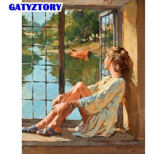 GATYZTORY Paint By Number Window Girl Drawing On Canvas Handpainted Painting Art Gift Diy Pictures By Number Kits Home Decoratio