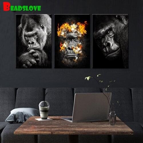 Gorilla black and white animal Diamond Painting Full Drill Square 5D Diamond Embroidery 3 pieces Picture Diamond Mosaic Gift