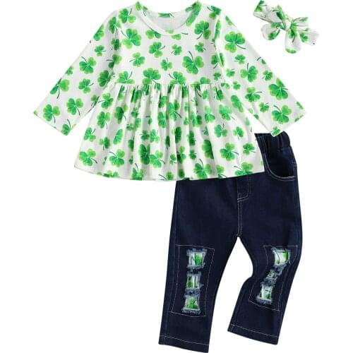 Kids Girl Clothes Set Printed Long Sleeve Round Collar T-shirt+ Ripped Pants Summer Spring 2-Piece Suit