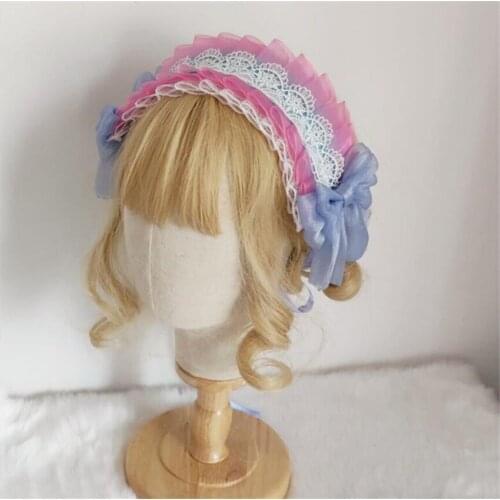 Sweet Pink Blue Anime Maid Cosplay Headband Lolita Lace Headwear Hair Accessory Hand made For Girls Gift D920