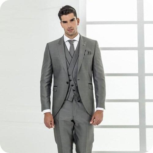 2019 Slim Fit Grey Men Suits For Wedding Bridegroom Groom Costume Evening Party Prom Formal Tuxedo Best Man Blazer Traje 3Pieces