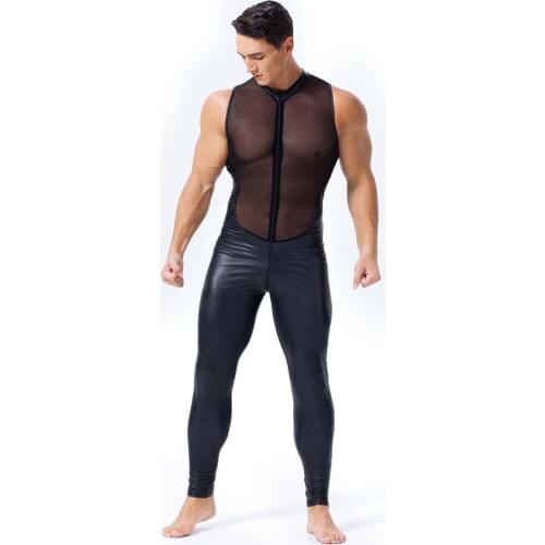 Men Wetlook Faux Leather Catsuit See Through Mesh Lingerie Zipper Front Latex Jumpsuit Sleeveless Sexy Bodysuit Night Clubwear