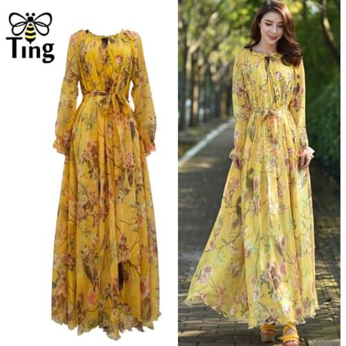 Tingfly High Quality Oversized Relaxed Fit Floral Print Boho Maxi Dress Vintage Long Party Dresses with Waistband Casual Vestido