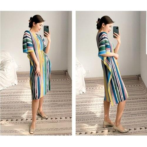 HOT SELLING Miyake fold French oil painting stripe v-neck batwing sleeve dress IN STOCK
