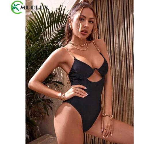 Sexy Cut-out Monokini Solid One Piece Swimsuit Women Chain Strap Bodysuit Swimwear Female Backless Bathing Suit Beach Wear 2021