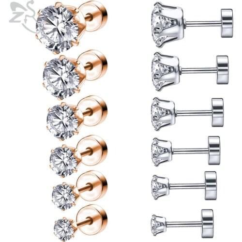 ZS 20G 6 Pair/set Shiny CZ Crystal Stud Earring 316L Stainless Steel Ear Stud 3-8MM Round Ear Cartilage Tragus Helix Piercings