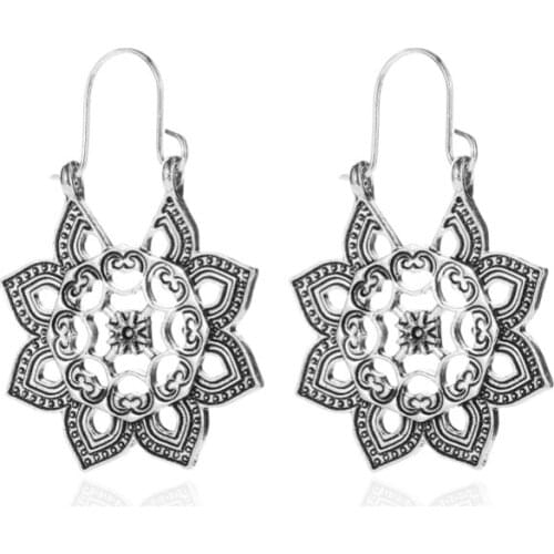 Boho Hollow Flower Retro Golden Silver Plated Sleeper Alloy Drop Earrings Dangle Earrings For Women