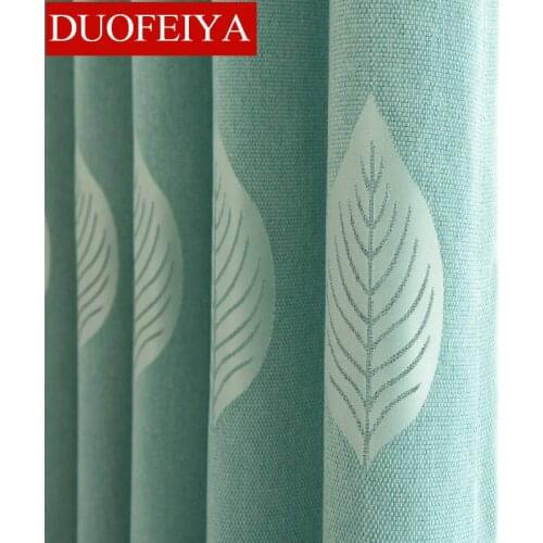 European Style Curtains for Living Dining Room Bedroom New Blue-leaf Korean Fresh White Leaf Combination Linen Jacquard Curtains