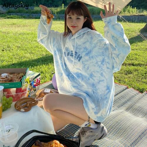 Hoodies Women Vintage Oversize Loose Hooded Streetwear Dye-tie Letter Printed Womens Pullovers Couple Sweatshirts Harajuku Tops