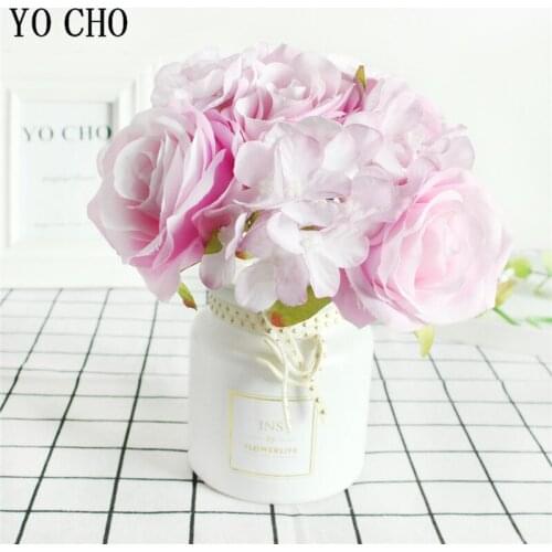 YO CHO 1 Bouquet Wedding Artificial Rose Hydrangea Family Wedding Party Birthday Decor Fake Flore Valentines Decoration Flower