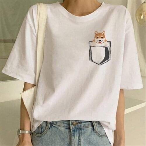 Maycaur Pocket Shiba Inu T Shirts Women Kawaii Printed Shirt Funny Graphic Korean Clothing Tops Harajuku Ulzzang T-shirt Female