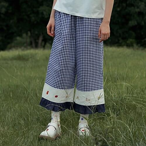 Autumn Design Women Casual Straight Leg Pants Cotton Plaid Print Cartoon Embroidery Hem Lace Sweet Lovely Trouser Ankle Length