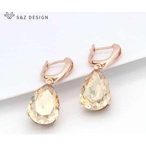 S&Z DESIGN Korean Fashion Water Drop Big Crystal Dangle Earrings For Women Wedding Jewelry Lover Gift 585 Rose Gold Eardrop