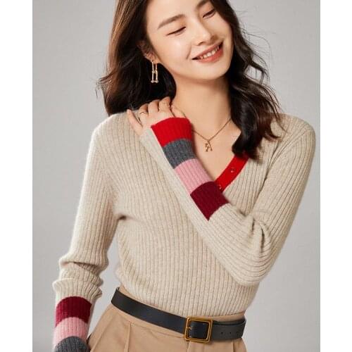 Womens pullover 2021 winter new 100% wool sweater casual V-neck Color matching cashmere sweater plus size ladies knit top hot