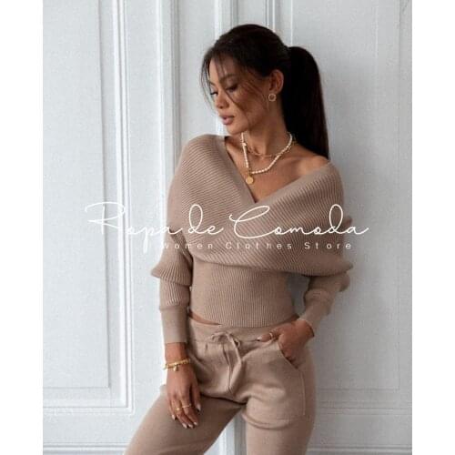 Sexy Sweater Set Tracksuit 2 Pieces Women Solid Color Off Shoulder Batwing Sleeve Suit V Neck Pencil Trouser 2021 New Fall
