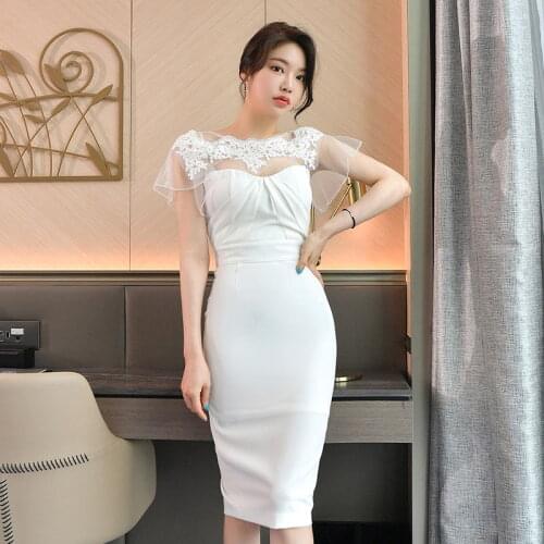 Korean Summer Dress Women White High Waist Bodycon Dress Short Sleeve Patchwork Lace Dress Elegant Office Ladies Vestidoes