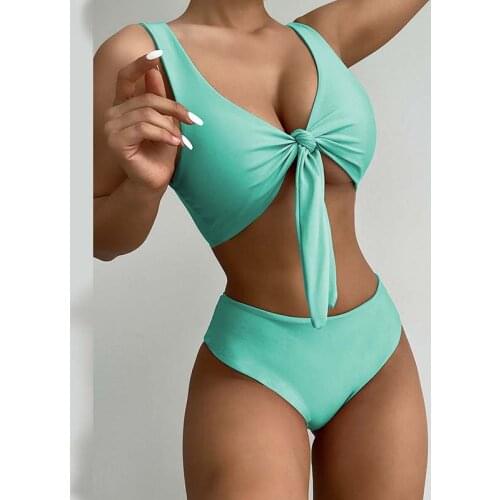 Women Solid Color Deep V-Neck Lace-up Knot Underwear Bra Bathing Suits Summer High Waist Brazilian Ladies Bikini Sets Beachwear