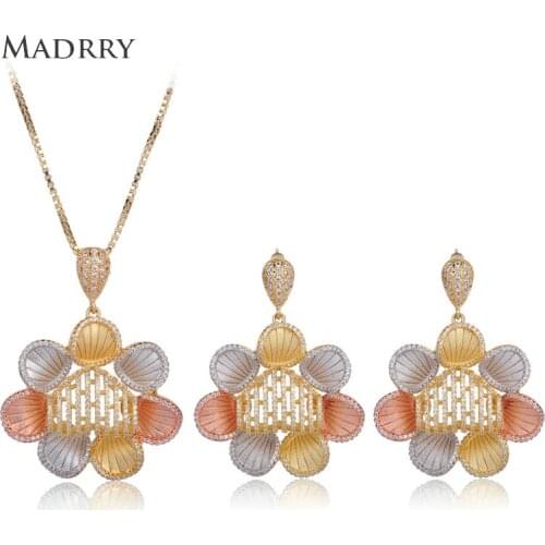 Madrry Luxury Spray Sand Flower Shape Necklace Earrings Three Tone Color Zircon Jewelry For Women Girls Dress Party Banquet Sets