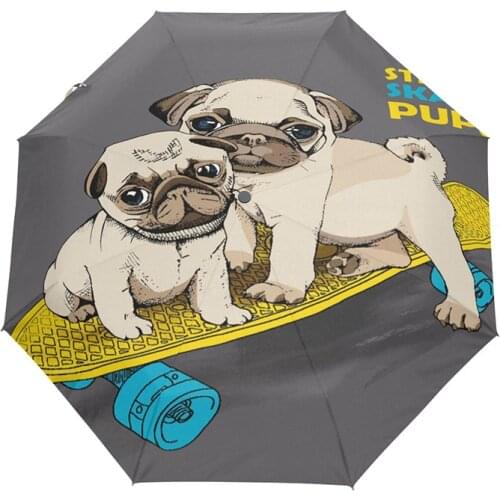 Street Skate Pups Umbrella Automatic Open and Close Compact Travel Umbrellas Pug Dog Lightweight Folding Umbrella Women