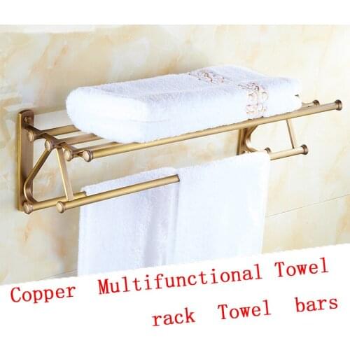 2 Types 55cm Brass brushed wall bathroom shelves, Fasion towel rack shelf with hooks wall mounted, Copper dual tier towel rack