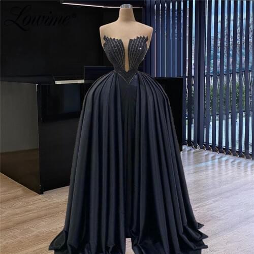 Ball Gown Formal Dubai Women Evening Dresses 2021 Aeabic Beaded Black Elegant Evening Wear Middle East Prom Dresses Party Gowns