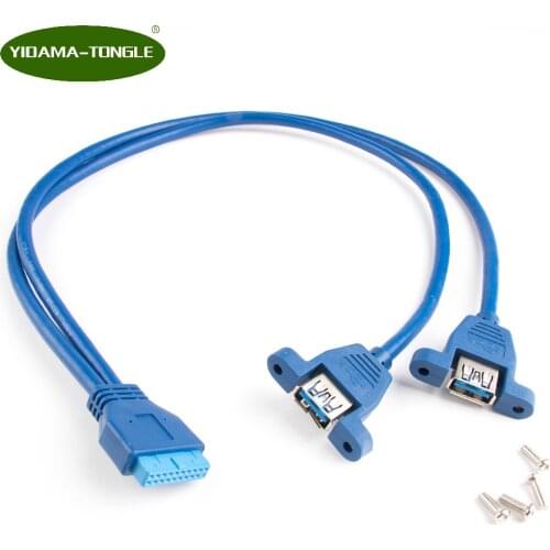PC Computer Case Internal 19Pin Female to 2-Port Dual USB 3.0 Type A Female Screw Lock Panel Mount Cable Blue 25cm/50cm