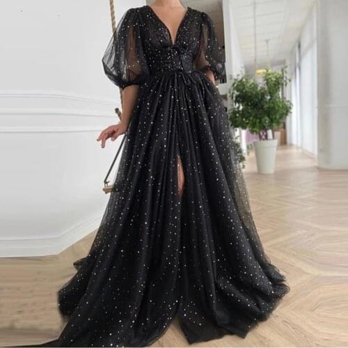 With Golden/Silver Stars Pockets Puff Sleeves Open Skirt Long Evening Gowns 2021Glitter Black Starry Tull A Line Prom Dresses
