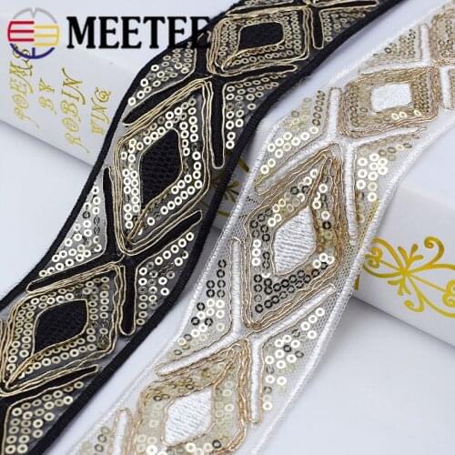 3M 48mm Ethnic Gold Thread Mesh Sequins Webbing Ribbon Tape Shoes Dress Decorative Embroidered Lace Trims DIY Sewing Accessories