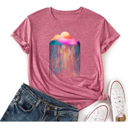 Women Crew Neck Short Sleeve Casual Summer T-shirts Rainbow Rain Graphic Tee Shirts Tops Female Clothes Streetwear Shirts