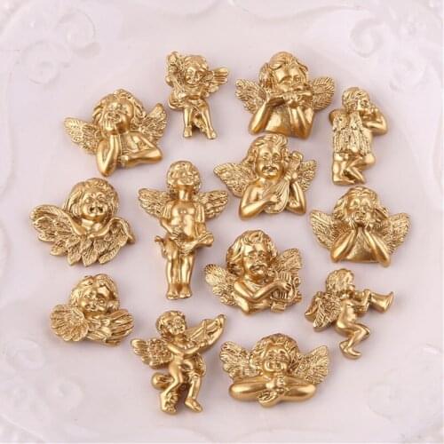 Julie Wang 5PCS Resin Cupid Charms With Hole Gold Color West Little Angel Flat Back Jewelry Making Accessory Decor
