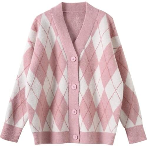 New 2021 Autumn Winter Vintage Argyle Cardigan Sweaters Women Fall Korean Fashion Pink V Neck Kniited Jacket Casual Coats