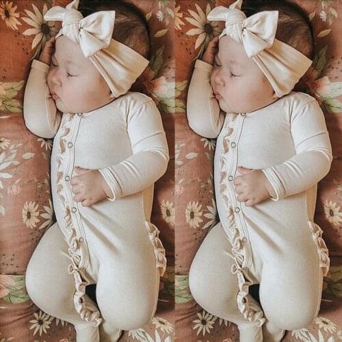 2PCS Newborn Baby Girl Boy Clothes Cotton Long Sleeve Button Ruffles Solid Color Romper Jumpsuit Headband Outfits Baby Clothes