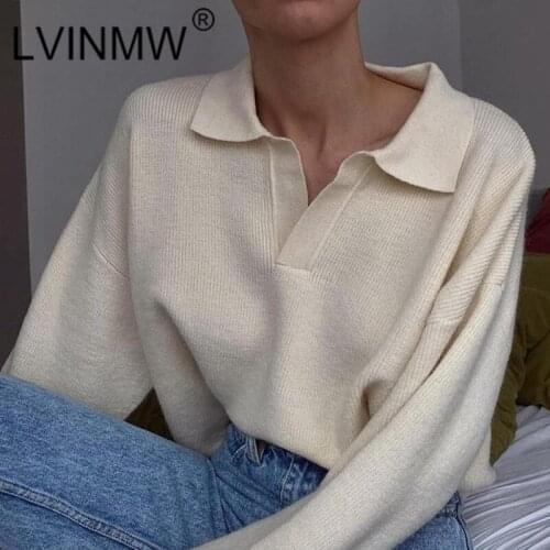 LVINMW Sweaters Lapel Long Sleeve Ribbed Solid Loose Pullovers Temperament Fashion Autumn Woolen Tops Women Casual Korean Style