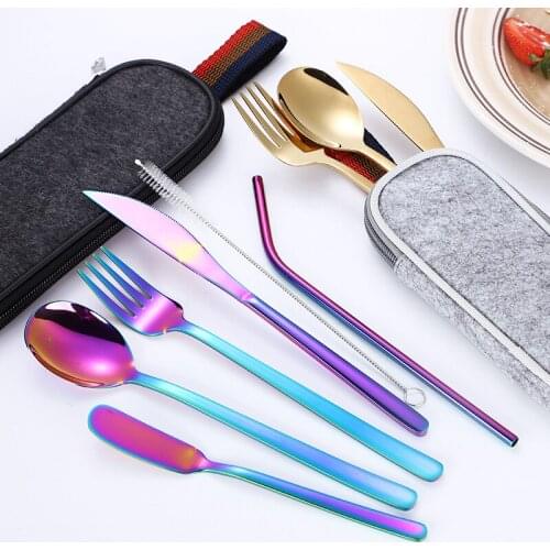 Western-style Portable 7-piece Cutlery Set 304 Stainless Steel Straw Knife And Fork Spoon With Zipper Bag