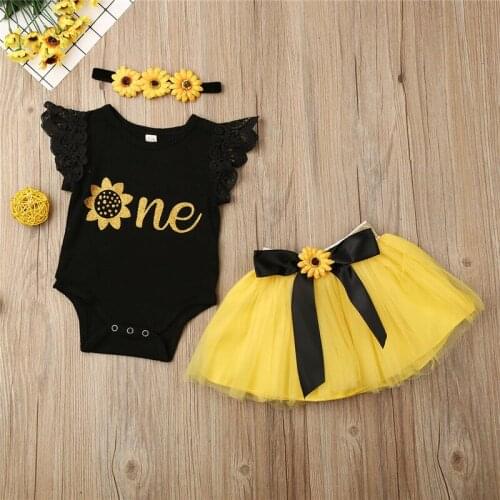 Newborn Baby Girls clothes bow Tulle Skirts Flower Headband letter print Ruffle sleeveless Bodysuit 3pc kids Toddler Outfits