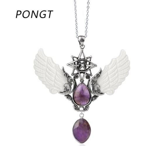 Retro Merkaba Angel Wing Necklace Natural Stone Water Drop Pendants For Women Reiki Crystal Necklace Lapis Lazuli Opal Jewelry