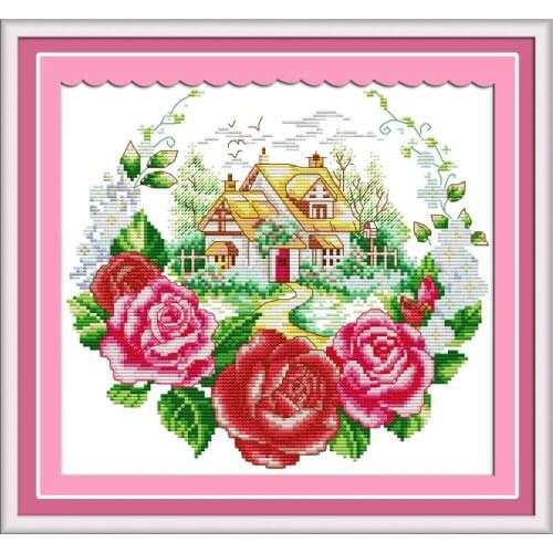 Joy Sunday Little House In Flowers Needlework Kits 11&14CT Printed Counted Water Soluble Cloth DIY Cross Stitch for Home Decor