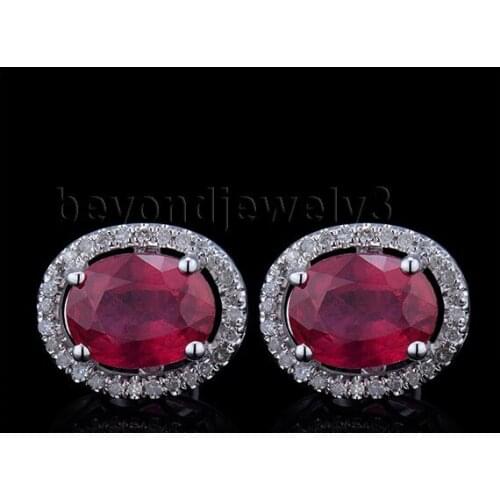 14Kt White Gold Diamond Earrings, Ruby Stud Earrings Fine Jewelry, Natural Ruby Earrings For Women E003