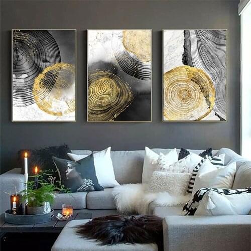 Light Luxury Nordic Style Black Gold Canvas Painting Abstract Ink Tree Ring Stump Poster Living Room Wall Art Picture Home Decor
