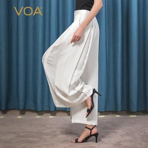 VOA Silk 40m/m White Heavy Silk Education Grams Pleat Design Jacquard Stitching Wide Leg Pants KE1 Trousers Women