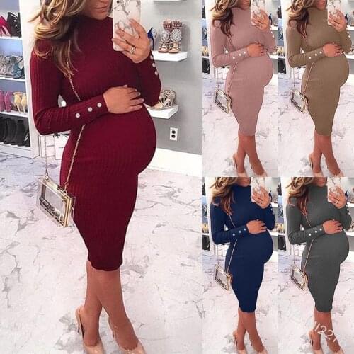 Plus size dresses button long sleeve solid color Sexy tight jersey dress for maternity pregnancy clothes maternity dresses Q1204