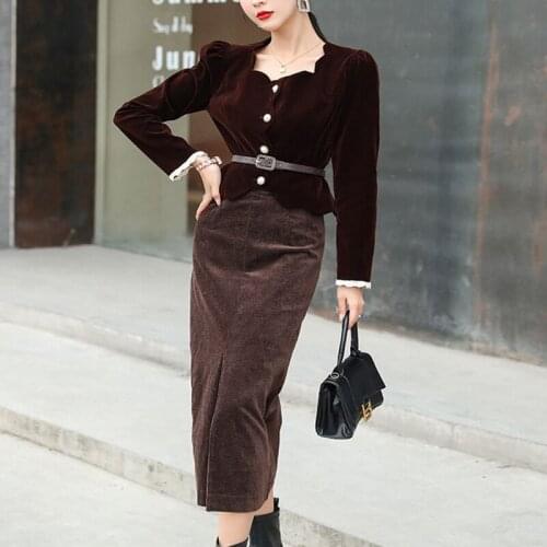New arrival fashion set women OL professional temperament square neck velvet short jacket and midi bag hip skirt two piece set