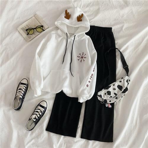 Sweater women 2020 suit women wide leg pants winter new Korean student loose in plus velvet two piece outfits for women