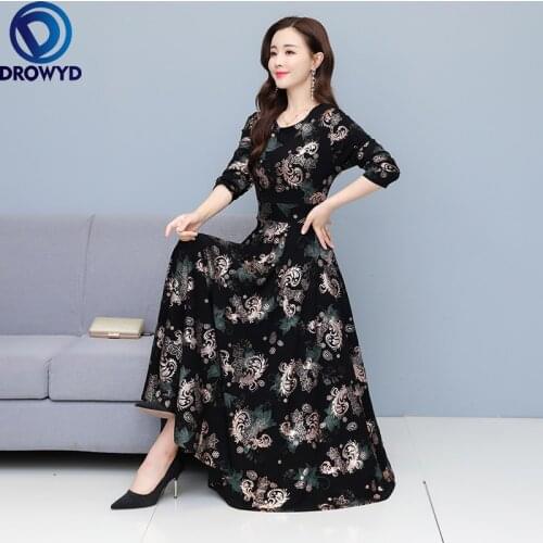2021 Autumn New Arrival High Quality Retro Round Collar Long Sleeve Printed Fleece Thicken Collect Waist Women Long Party Dress